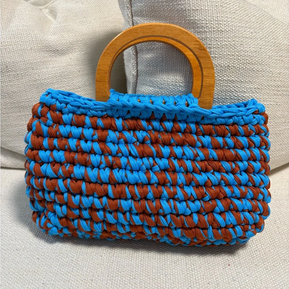 NEW Handcrafted Blue and Brown Woven Bag with Wood Handles.